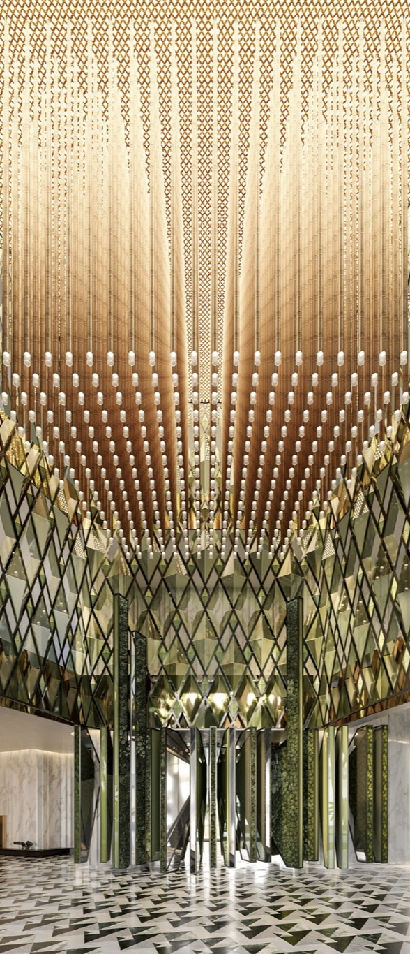 Lobi avizesi ve dikey cam paneller